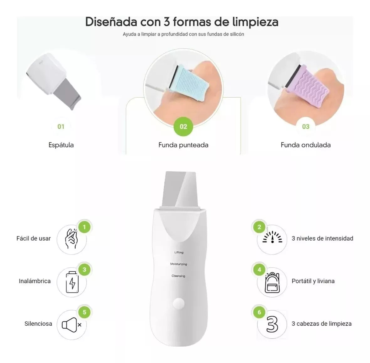 DermaSonic Pro™ Paleta Ultrasónica Facial 3 en 1
